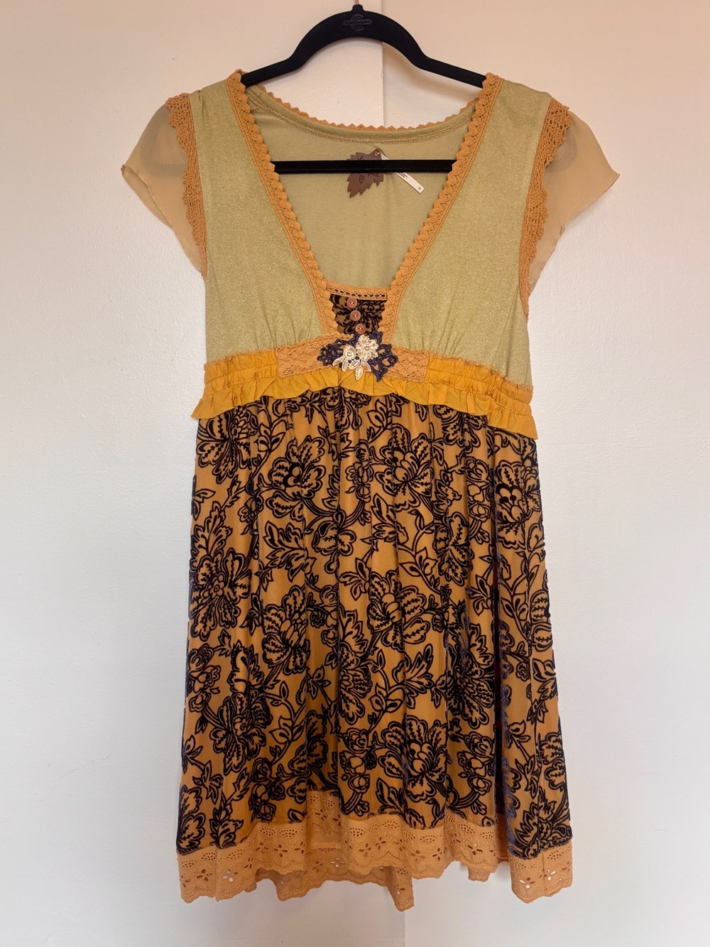 Free People Crochet-Trim Slip Dress in Mustard / Navy / Pale Green